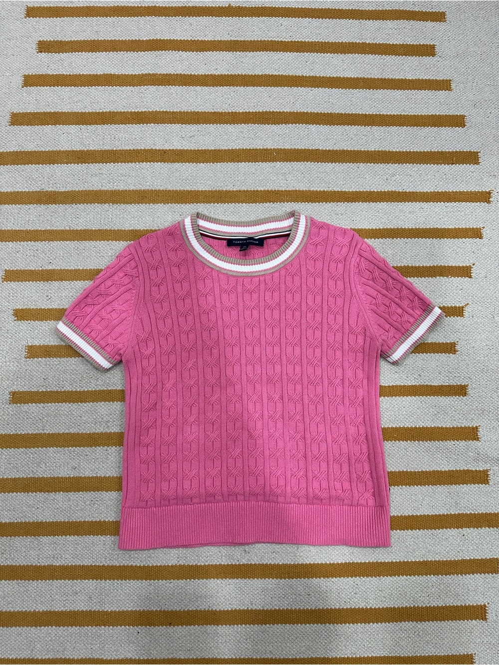 Tommy Hilfiger Pink Cable-Knit Short Sleeve Sweater